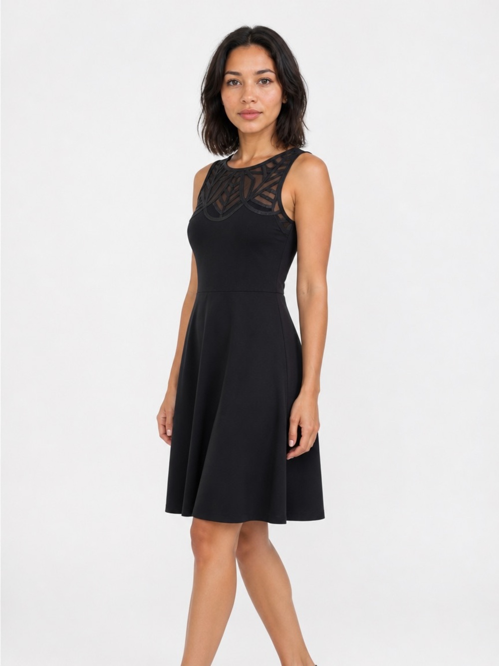 love...ady Black Midi Dress with Sheer Geometric Yoke